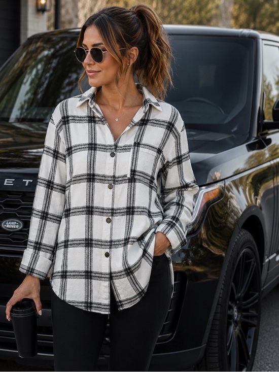 Tops - ✨Retro Chic Oversized Plaid Flannel Button Up Shacket Jacket Shirt Black White